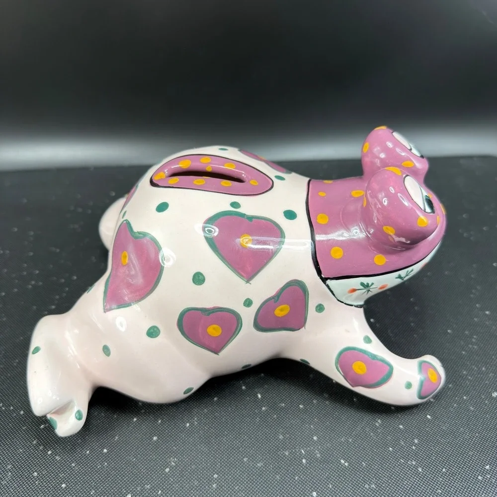 Ganz Bella Casa Ceramic Frog‎ Piggy Bank Hand Painted Hearts Polka Dots Pink